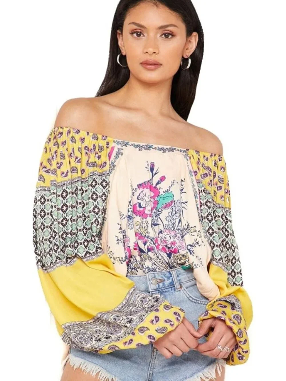 Free People Positano Blouse Printed Off-The-Shoulder Pullover Top Orange Size XS